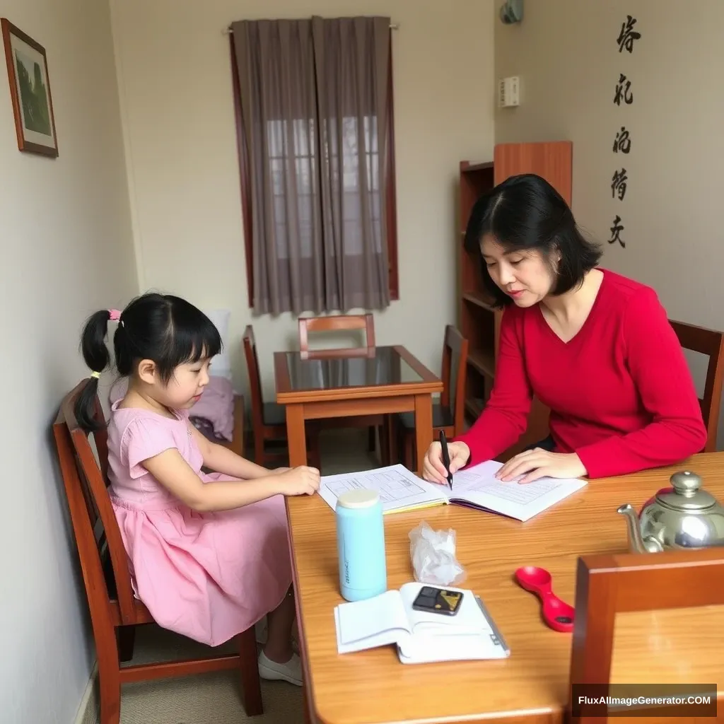 In the room, there is a bed, a table and chairs, a female tutor helping the little girl with her homework, a thermos and a teapot, and Chinese characters.