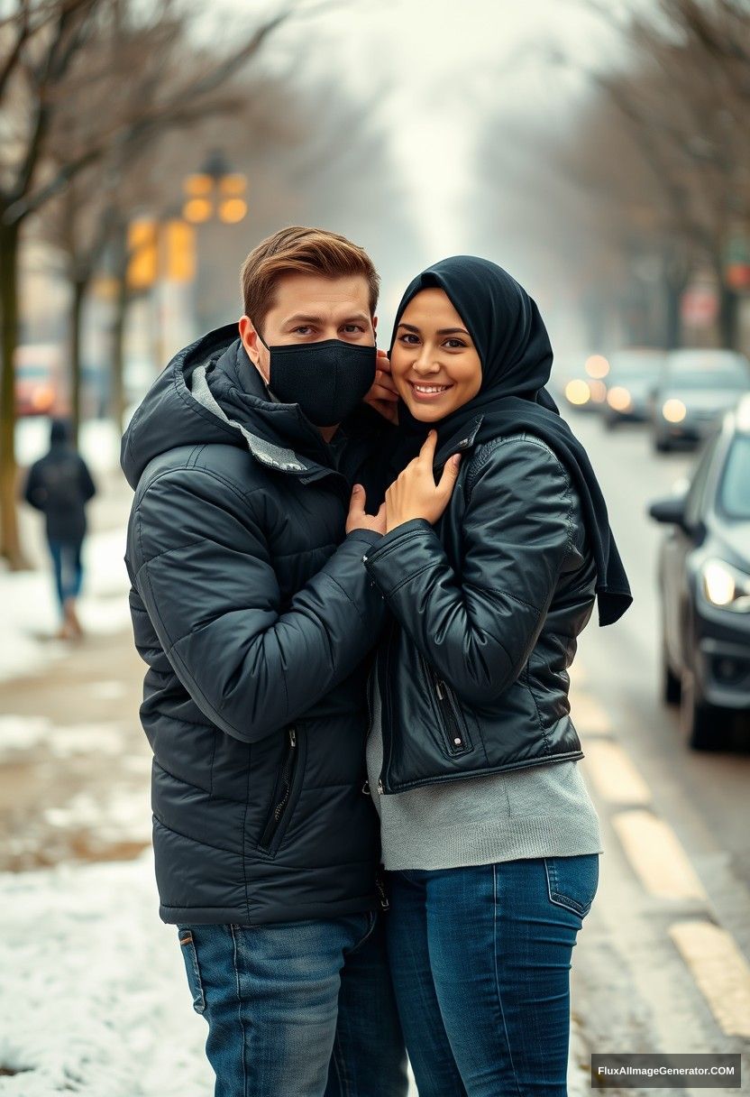 Jamie Dornan, handsome, young, wearing a black face mask, snow jacket, jeans, dating a beautiful Muslim girl in a big black hijab with beautiful eyes, also wearing a black face mask and a black leather jacket, standing together in winter scenery near the road in town, playfully pinching each other's cheeks, photorealistic, street photography. - Image