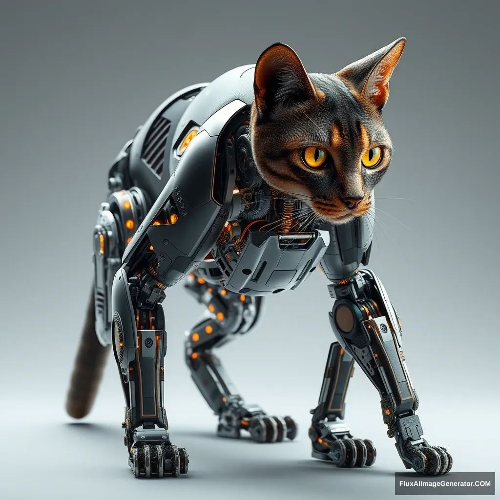 A biomechanical feline, its sleek fur parting to reveal intricate gears and pulsing circuits within its muscular legs. Hyperrealistic rendering captures every metallic glint and synthetic synapse. The cat's eyes, a fusion of organic and digital, reflect a world where nature and technology intertwine seamlessly.