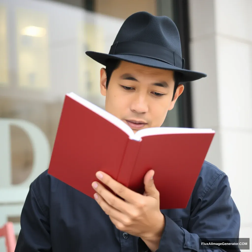 A Asian man in a black fedora reading a book.