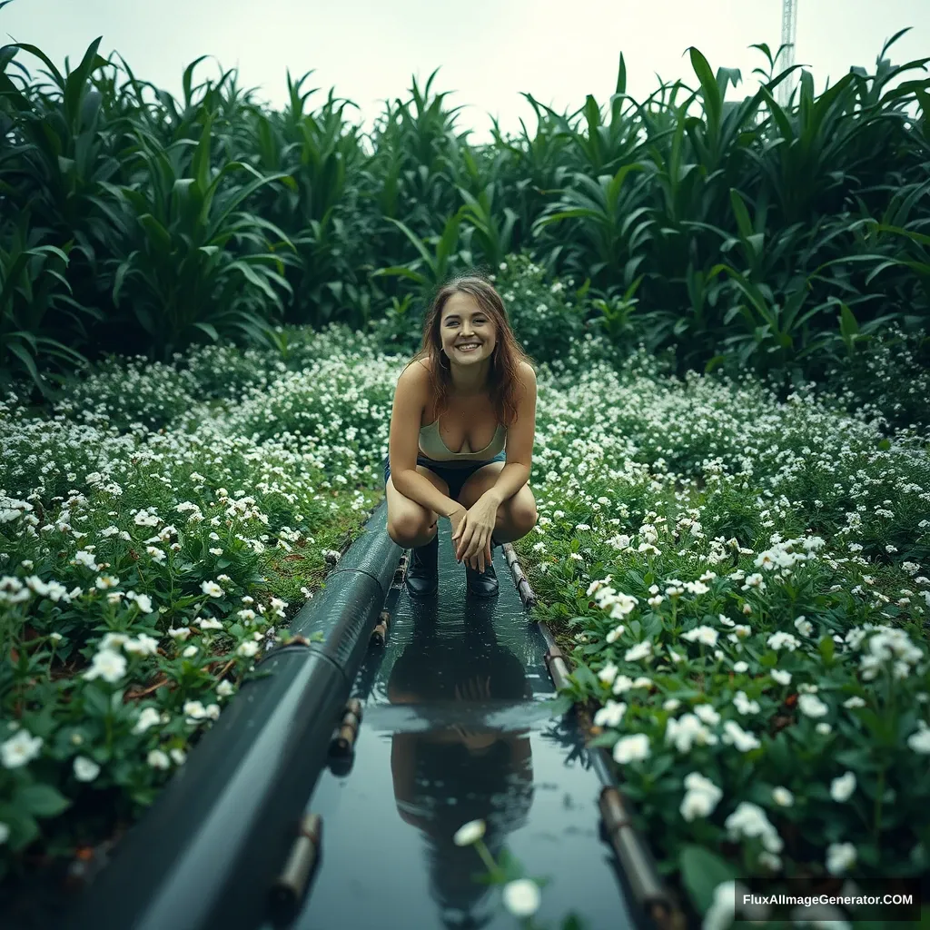 A cyberpunk woman squatting in the distance, whimsical smile, huge green jungle, white small flowers scattered everywhere, a sense of vast scale, telephoto zoom perspective, servo, pipes, reflective wet surface, fashion photography, fluctuating depth of field, zoom blur.