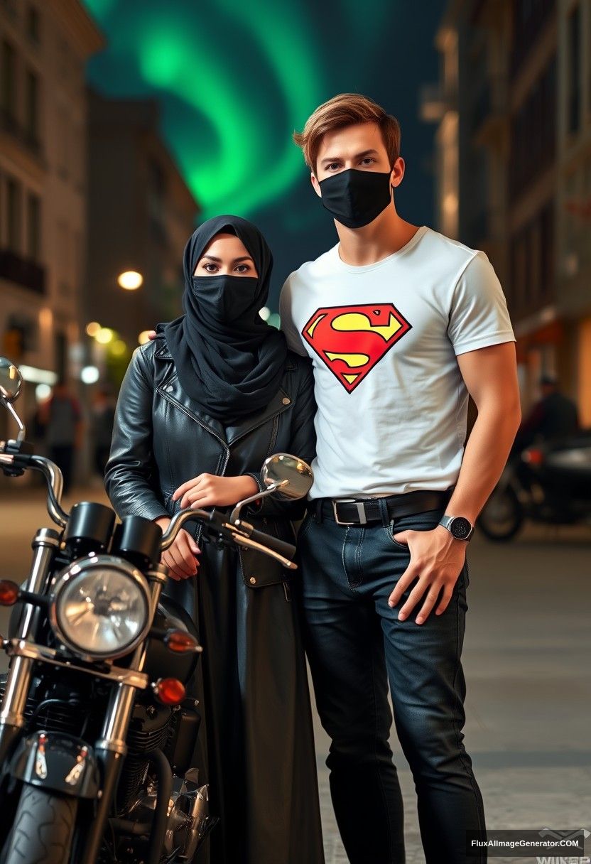 Jamie Dornan, tall, young, wearing a black face mask, a white Superman T-shirt, and jeans, 

dating a romantic hijab-wearing Muslim girl with beautiful eyes, also wearing a black face mask, a leather jacket, and a very long and wide skirt; she is not tall,  

standing near a motorcycle for a photo, a Harley Davidson model, in town, photorealistic, street photography, night scenery, aurora borealis. - Image