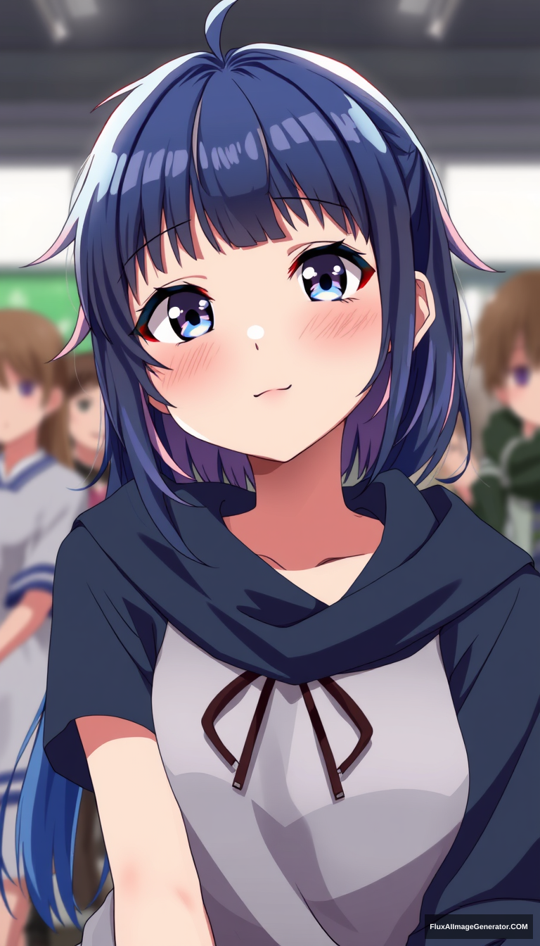 A teenage girl has captivated many with her striking appearance. Wearing a dark blue color with vibrant highlights, anime style is important. - Image