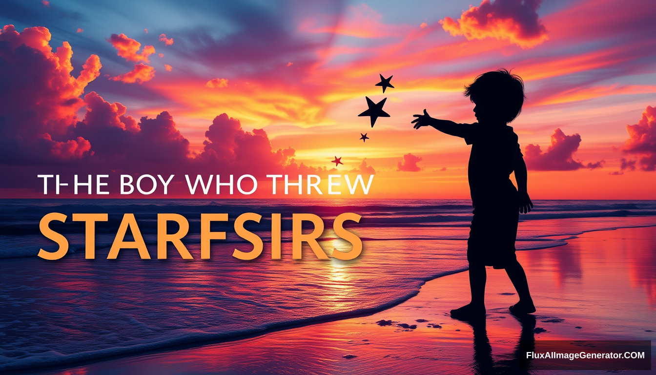 Vibrant sunset beach scene, silhouette of child throwing starfish, colorful sky, reflective ocean, 'THE BOY WHO THREW STARFISH' prominent title, digital art style. - Image