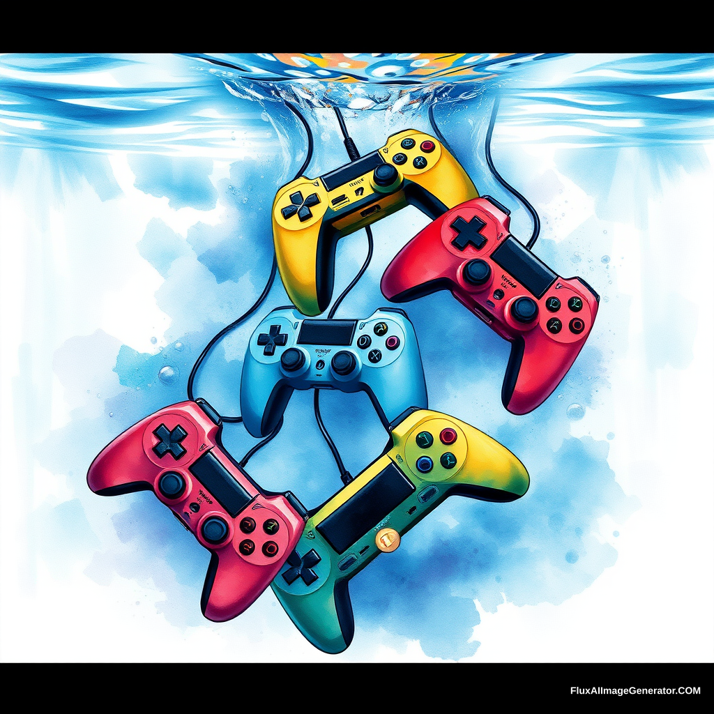 watercolor art piece, multiple colorful game controllers cascading into crystal-clear water, visually depicting the sensation of drowning, expressive ripples and splashes, dynamic movement, subtle blending of hues, creating a hypnotic underwater scene, serene yet melancholic atmosphere, high-contrast details 4K, evoking a sense of loss and nostalgia amidst whimsical imagery, illustration, neon sign.