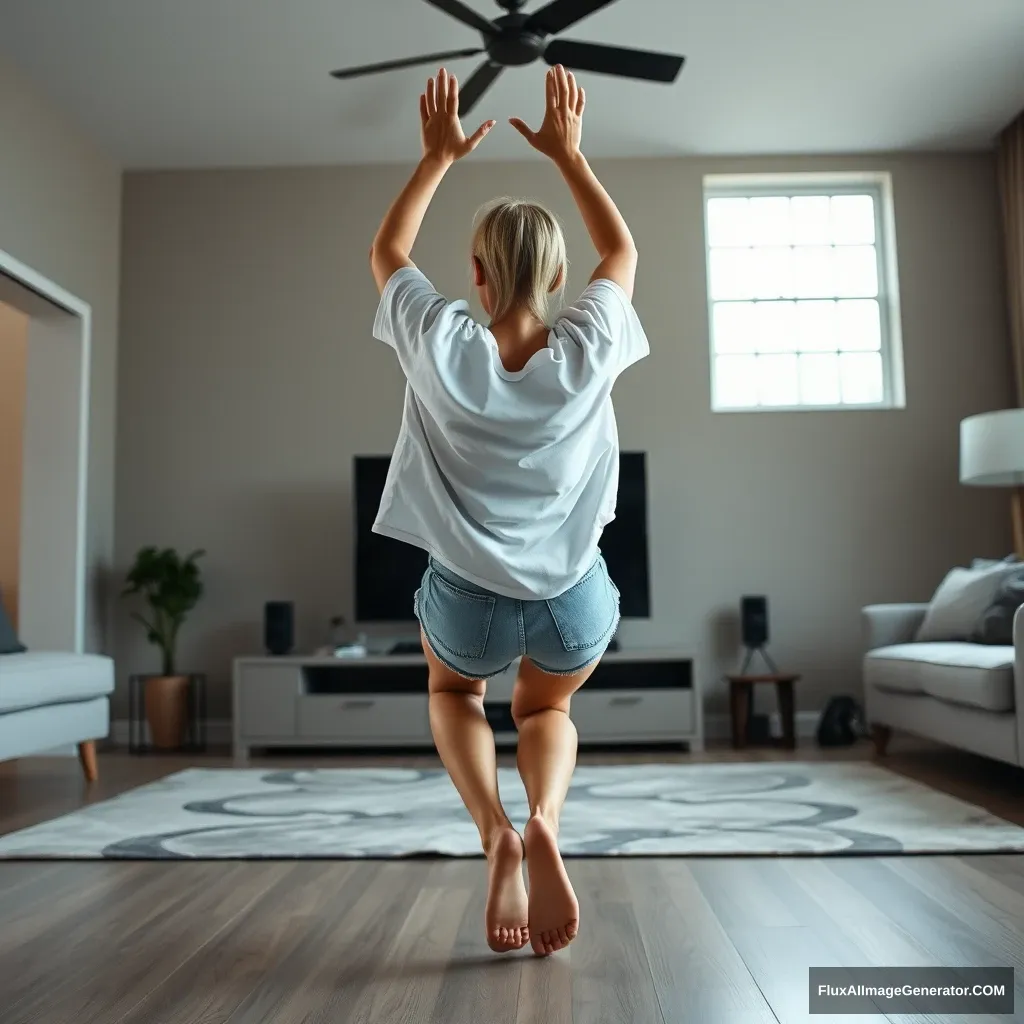 Side view angle of a skinny blonde woman in her massive living room, wearing an extremely oversized white t-shirt that is uneven on one shoulder, along with oversized light blue denim shorts. She is barefoot, facing her TV, and diving headfirst into it with both arms raised below her head and her legs elevated high in the air, positioned at a 60-degree angle. - Image