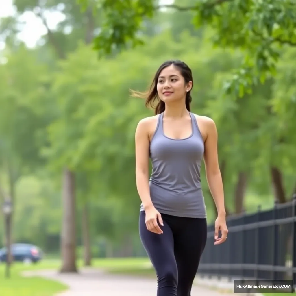 A woman walking in the park, Asian, young woman, yoga pants, yoga tank top. - Image