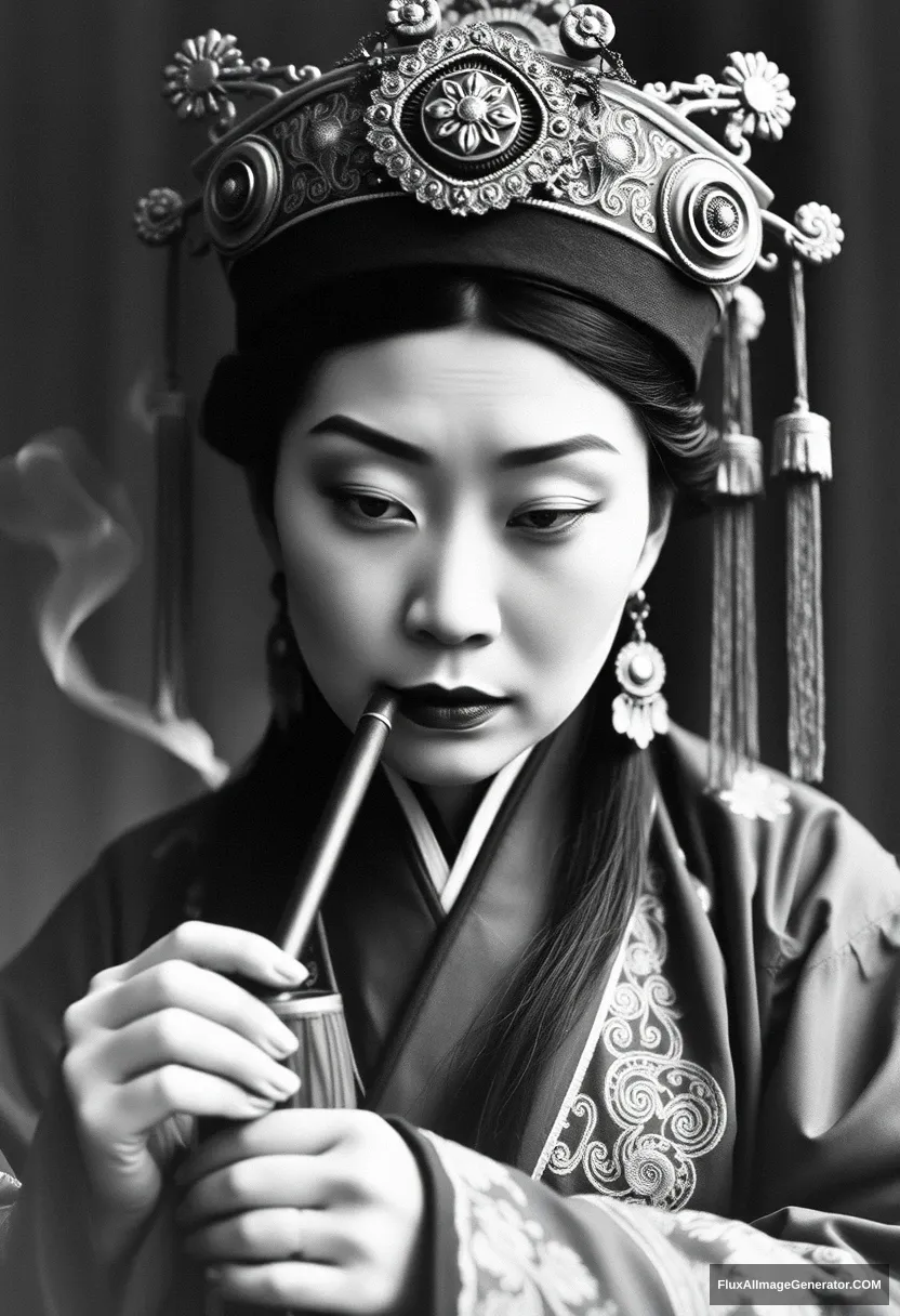 Black and white photograph from the 1920s, taken at a low angle, of an ancient Chinese woman wearing a Peking Opera costume, with finely drawn eye make-up, long, thin eyes, half-open, holding a long pipe, with a faint puff of smoke.