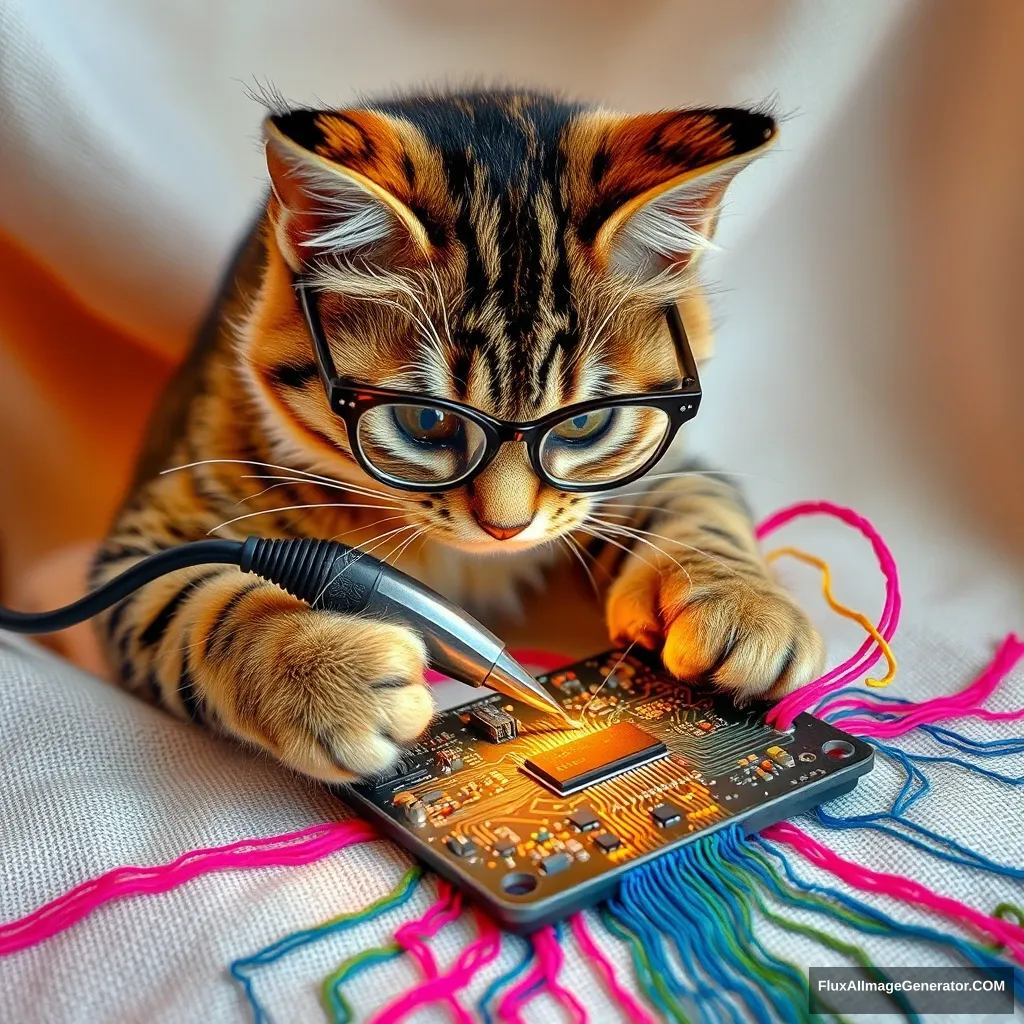 A mischievous tabby cat, wearing tiny spectacles, meticulously solders a circuit board with a miniature iron. Vibrant threads weave intricate patterns, mimicking electronic pathways. Soft fabric backdrop, warm lighting. Delicate French knots form components. Style: Hyper-realistic embroidery art, blending traditional craftsmanship with modern technology. - Image