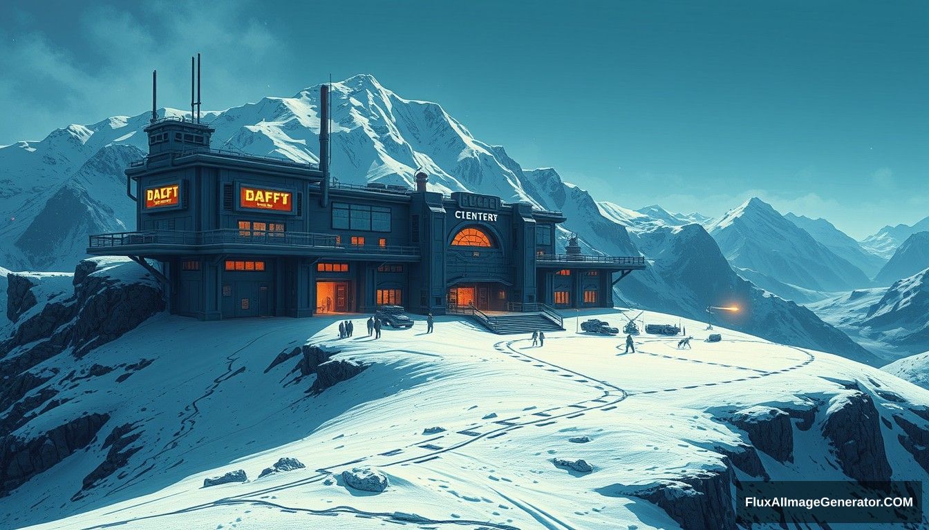 Cel shaded art, wide shot, a sci-fi center on the top of a snowy mountain, open air, close look, cyberpunk, military base. - Image