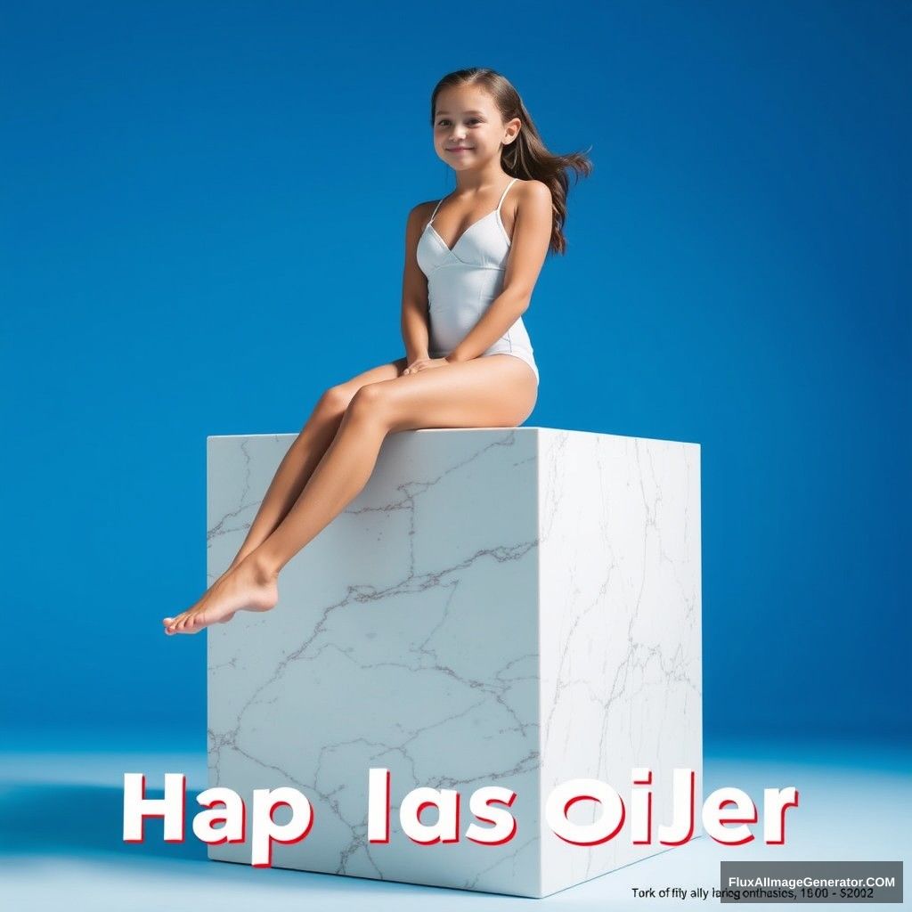 A girl sitting on a giant cube in a white swimsuit with her legs crossed, with a blue background, a marble sculpture, promotional image.