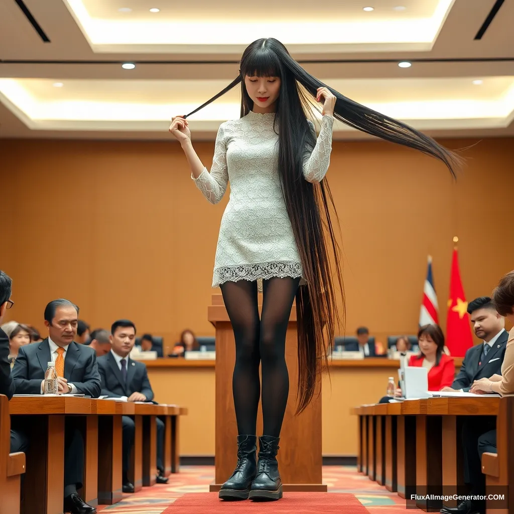 A full-body photo of a Chinese female idol with excessively long black straight hair and bangs, wearing black stockings and Martin boots on the bottom, and a white lace dress on the top, standing at a podium in a conference room cutting her long hair, with politicians from various countries seated below. - Image