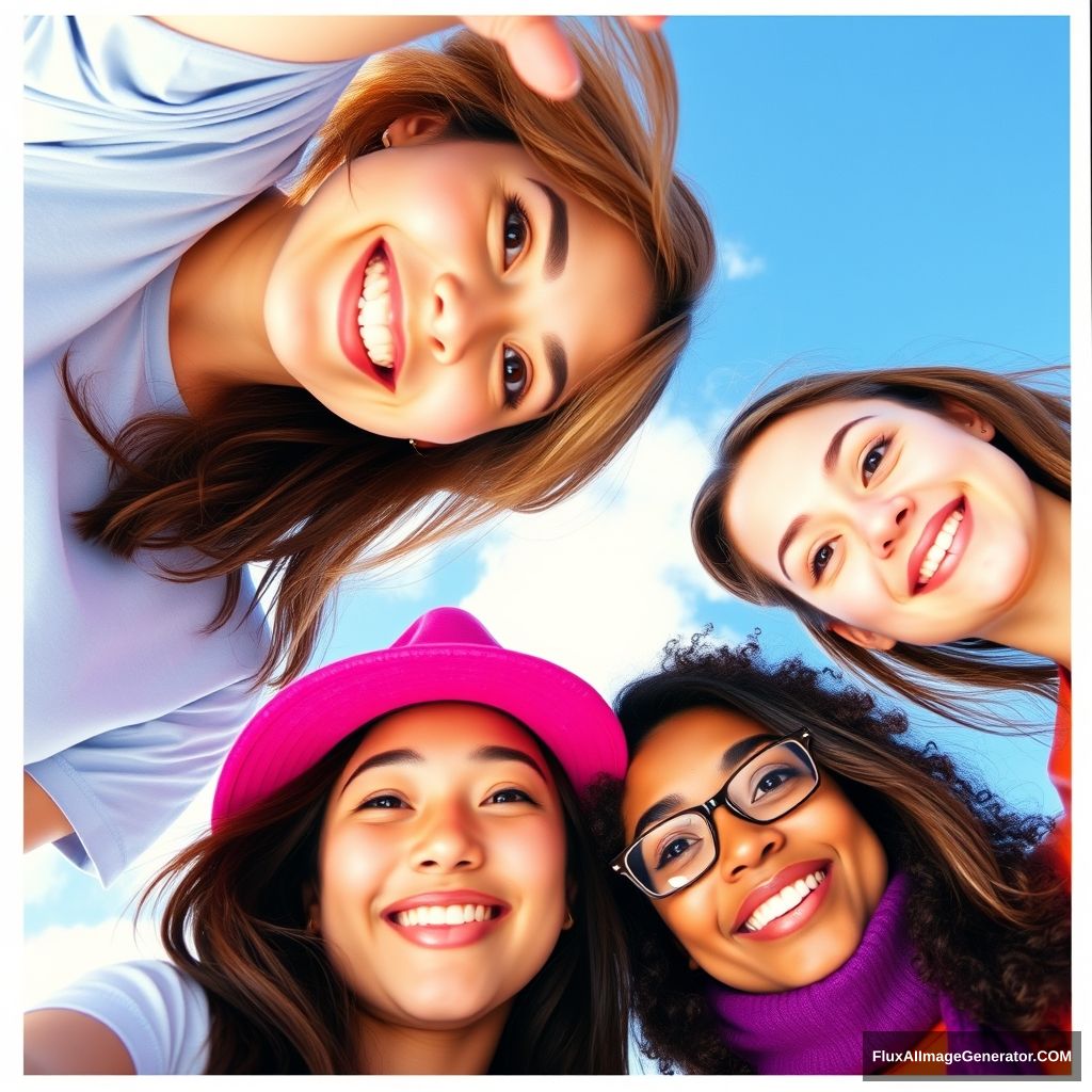 Four different 23-year-old women are looking at the camera below. They are all smiling brightly. The woman on the left is American and is wearing a light blue T-shirt. The woman in the lower center is Korean, has brown hair, and is wearing a hot pink hat, while the woman on the lower right is African, wearing orange, and purple. The woman in the upper right is Irish. There is a blue sky and clouds in the background. Polaroid Filter. - Image