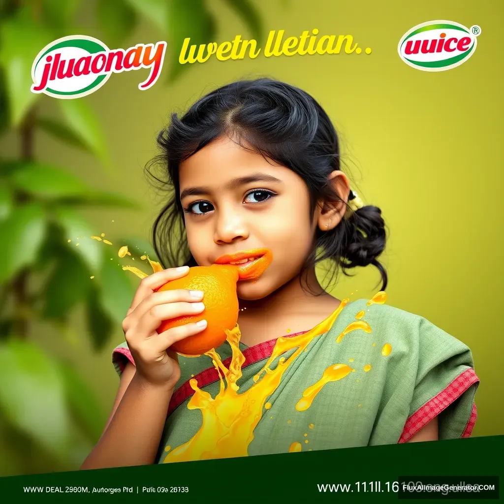 "Malayali girl squeezing an orange and taking a juice splash advertisement." - Image