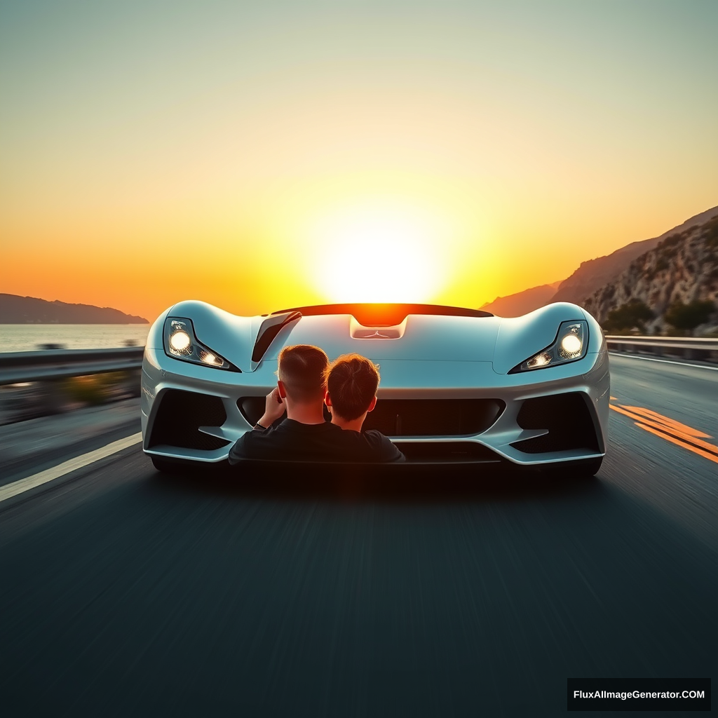 White realistic sports car, driving on the roads of Costa Smeralda, Sardinia. REALISTIC, the car has to look a bit like a falcon, especially the headlights. A guy driving with brown hair and a low drop fade haircut. sunset.