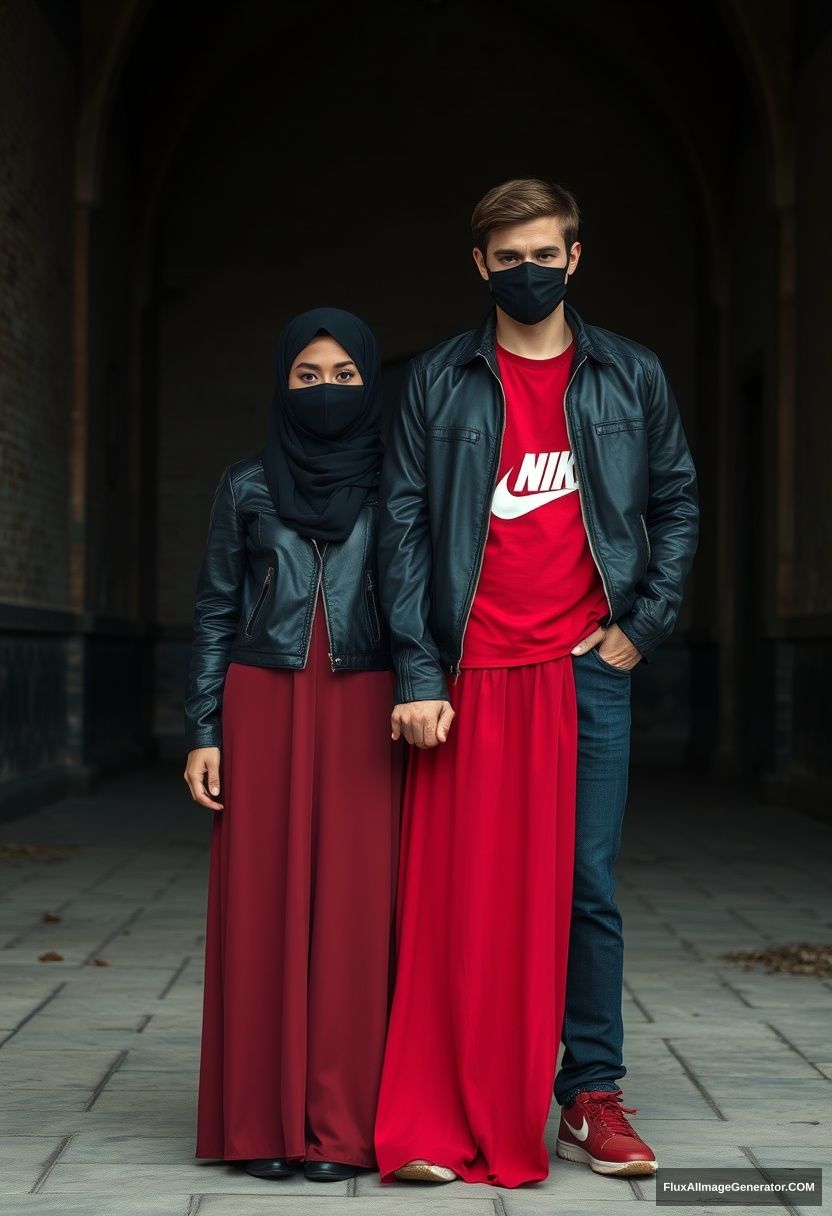 A biggest black hijab girl, beautiful eyes, face mask black, black leather jacket, biggest red longest dress, not tall, standing holding his arm.

Jamie Dornan, handsome, youngest, face mask black, fit and tough body, Nike red t-shirt, black leather jacket, jeans, red sneakers, tall man.

Hyper realistic, photorealistic, studio photography, Victoria's abandoned castle, gloomy.