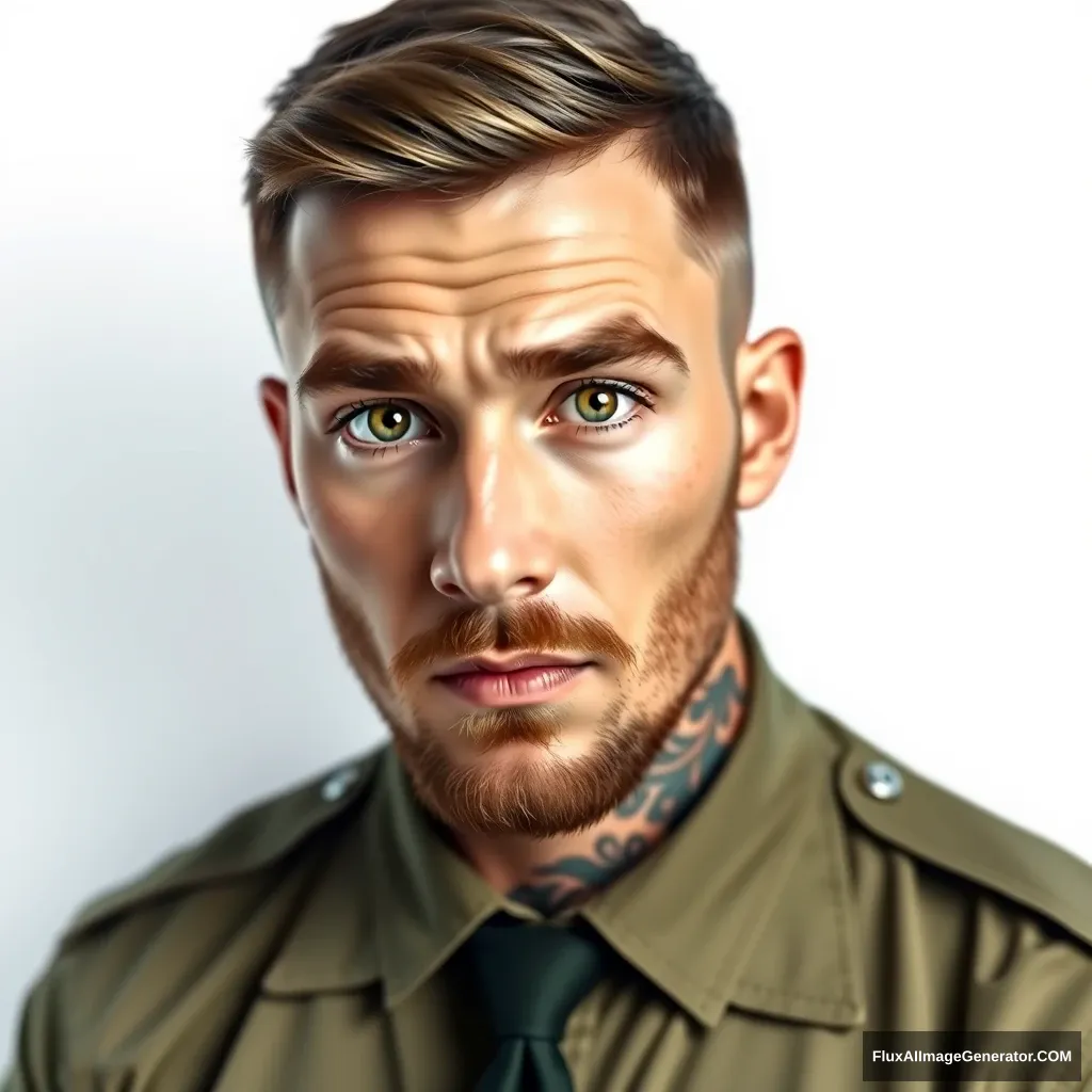 Solo, looking at viewer, short hair, brown hair, 1 boy, white background, green eyes, male focus, necktie, uniform, military, military uniform, facial hair, thick eyebrows, portrait, bara, beard, sideburns, mature male, American appearance, tattoo on the neck. - Image