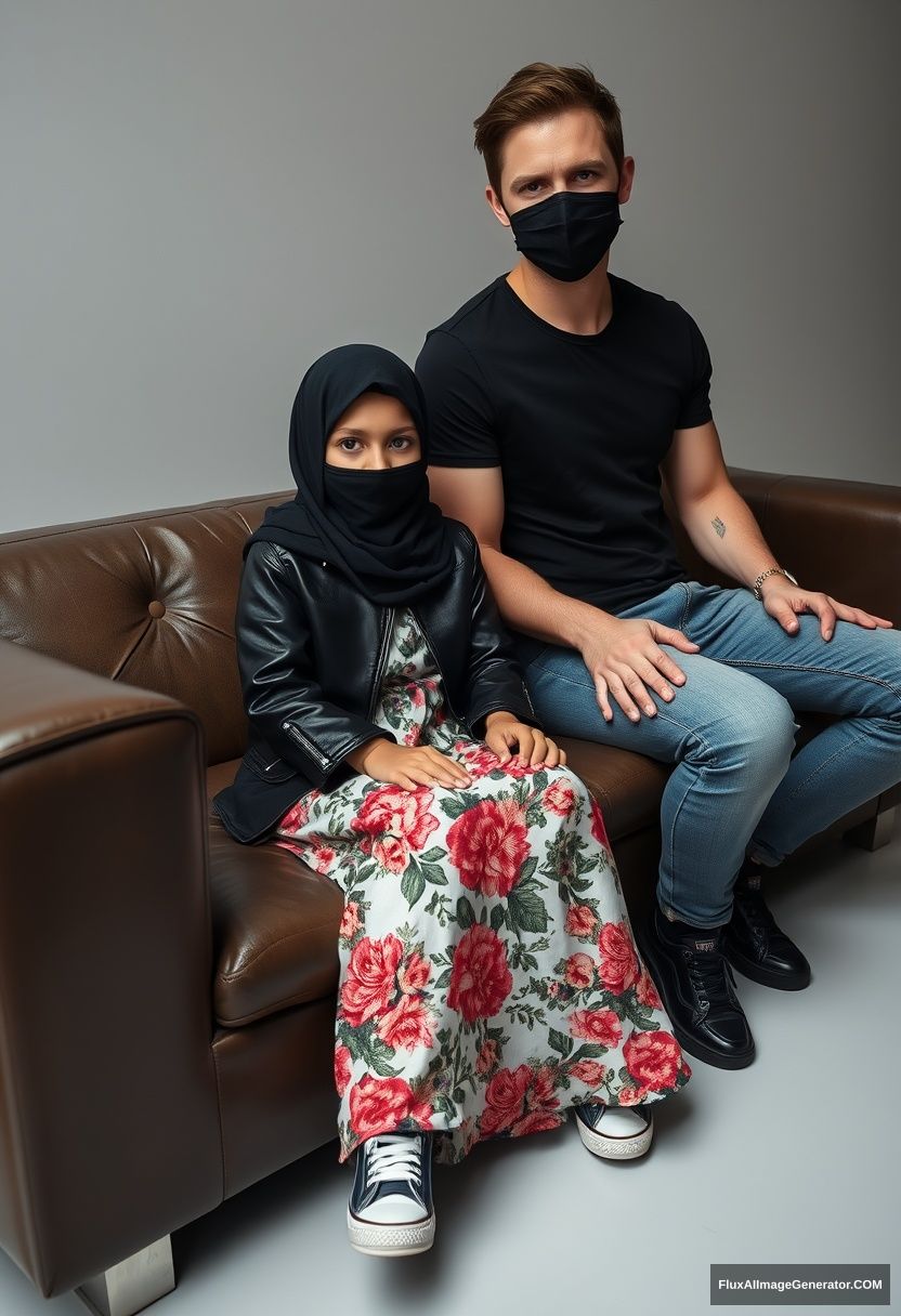 A black hijab burqa girl, short girl, beautiful eyes, black leather jacket, the biggest floral long dress, black leather sneakers, sitting on a leather single arm sofa, Jamie Dornan, black T-shirt, jeans, black leather sneakers, tall man, black face mask, fit body, sitting near her, hyper-realistic, studio photography. - Image