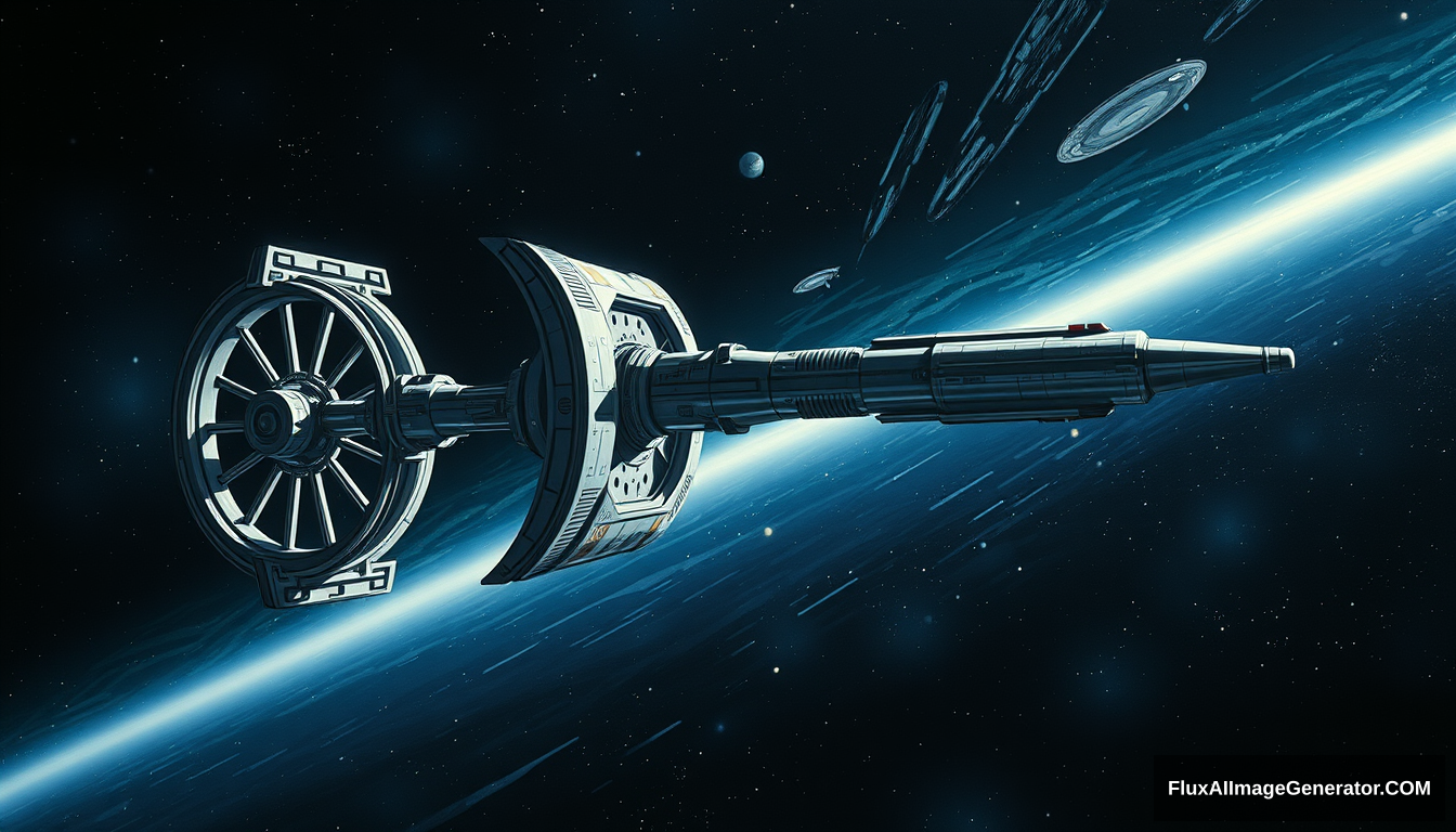 a traditional double wheel space station, as painted by Syd Mead, deep space setting, 4k.