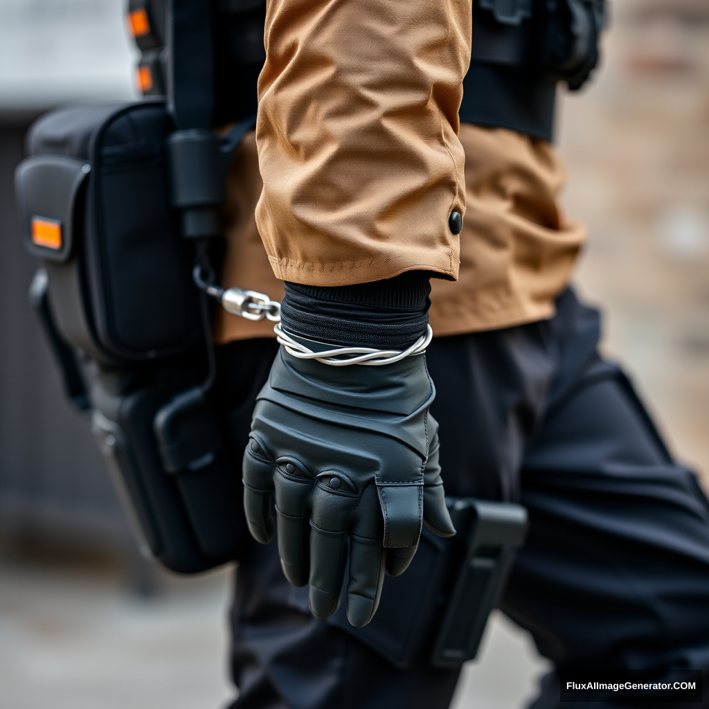 A soldier in black and orange gear is handcuffed. - Image