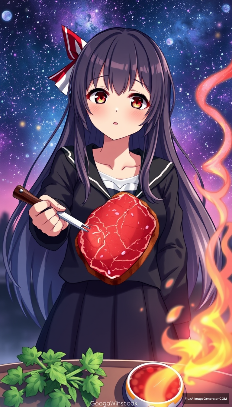 Anime girl with steak. And in a galaxy. - Image