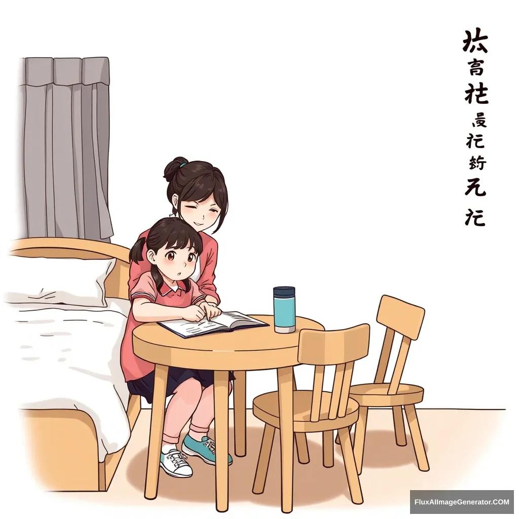 In the room, there is a bed, a table and chairs, a female tutor helping a little girl with her homework, a thermos, and Chinese characters or Japanese. - Image