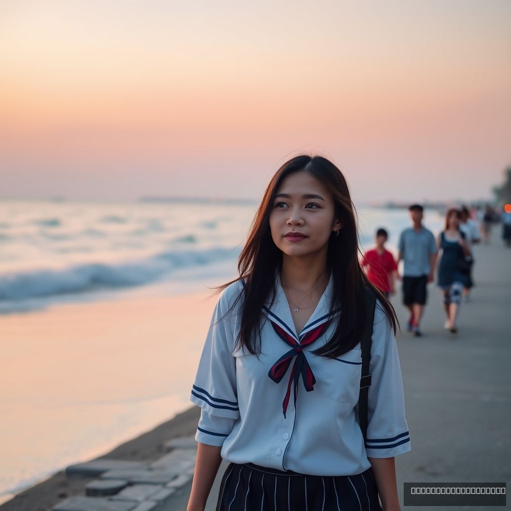 A woman walking by the seaside, beach, dusk, Chinese people, street, school uniform.