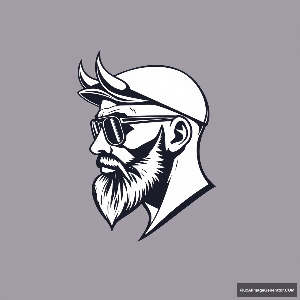 Sleek vector logo design: bald human male, three-quarter view, with demonic horns and short trimmed fiery ginger beard. Minimalist flat cap and aviator glasses. 3D printer layer lines texture. Monochromatic color scheme with bold negative space. Retro-futuristic feel, evoking 1980s cyberpunk aesthetics.