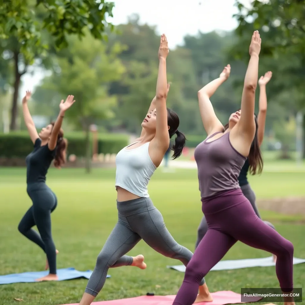 "Women practicing yoga in parks, Asian, young mothers, wearing yoga pants sets." - Image