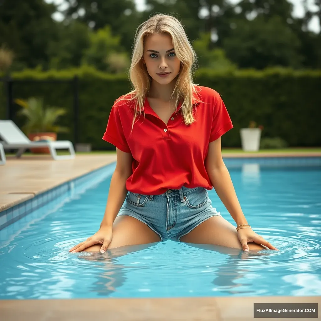 Front view of a young blonde skinny woman who has a good tan is in her early twenties, in her massive backyard, wearing a massively oversized red polo t-shirt that is a bit off balance on one of the shoulders. The collar and the bottom part of her t-shirt are not tucked in. She is also wearing half big-sized light blue denim shorts and no shoes or socks. She accidentally falls into the pool headfirst while checking the temperature with her hands. - Image