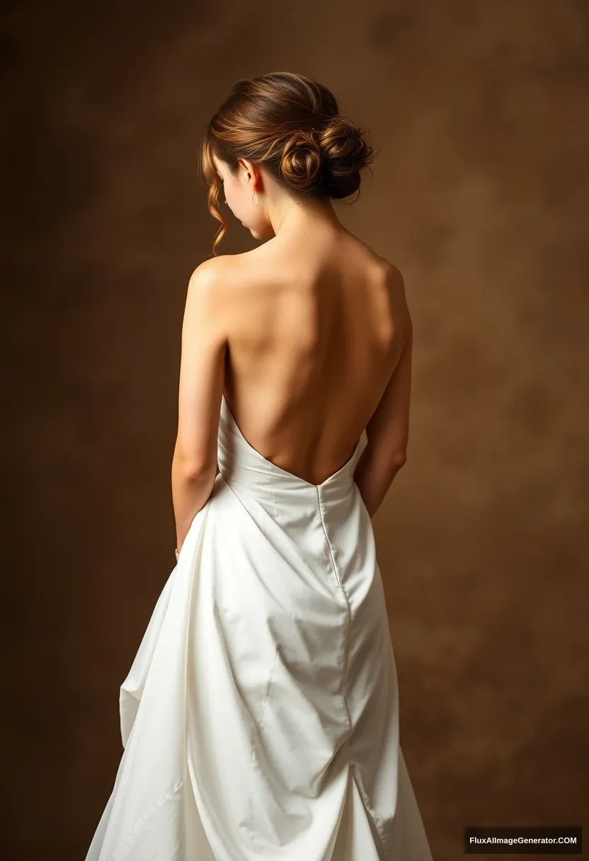 A short young woman, sensitive, delicate, ashamed, wearing a backless, strapless, side-less, low-waisted, open-back, loose-contouring wedding dress, in front of patriarchy and expectations. - Image