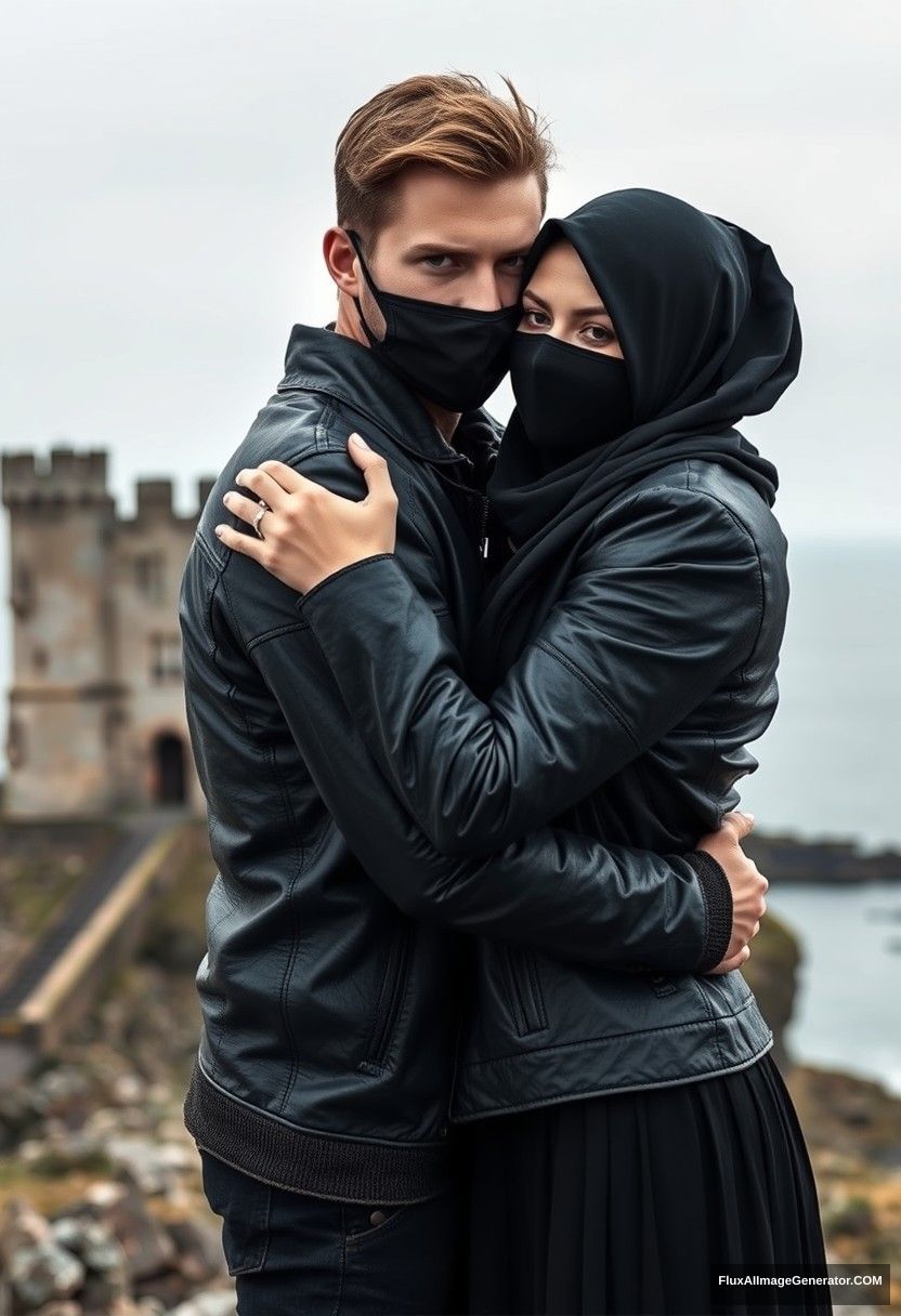 Jamie Dornan's head and body shot, handsome, youngest, black face mask, black leather jacket, dating, love hug with the biggest black hijab Muslim girl, not tall, beautiful eyes, face mask, maroon leather jacket, biggest black skirt, hyper-realistic, studio photography, full body photo, exploring at an abandoned castle, at sea, gloomy scenery.