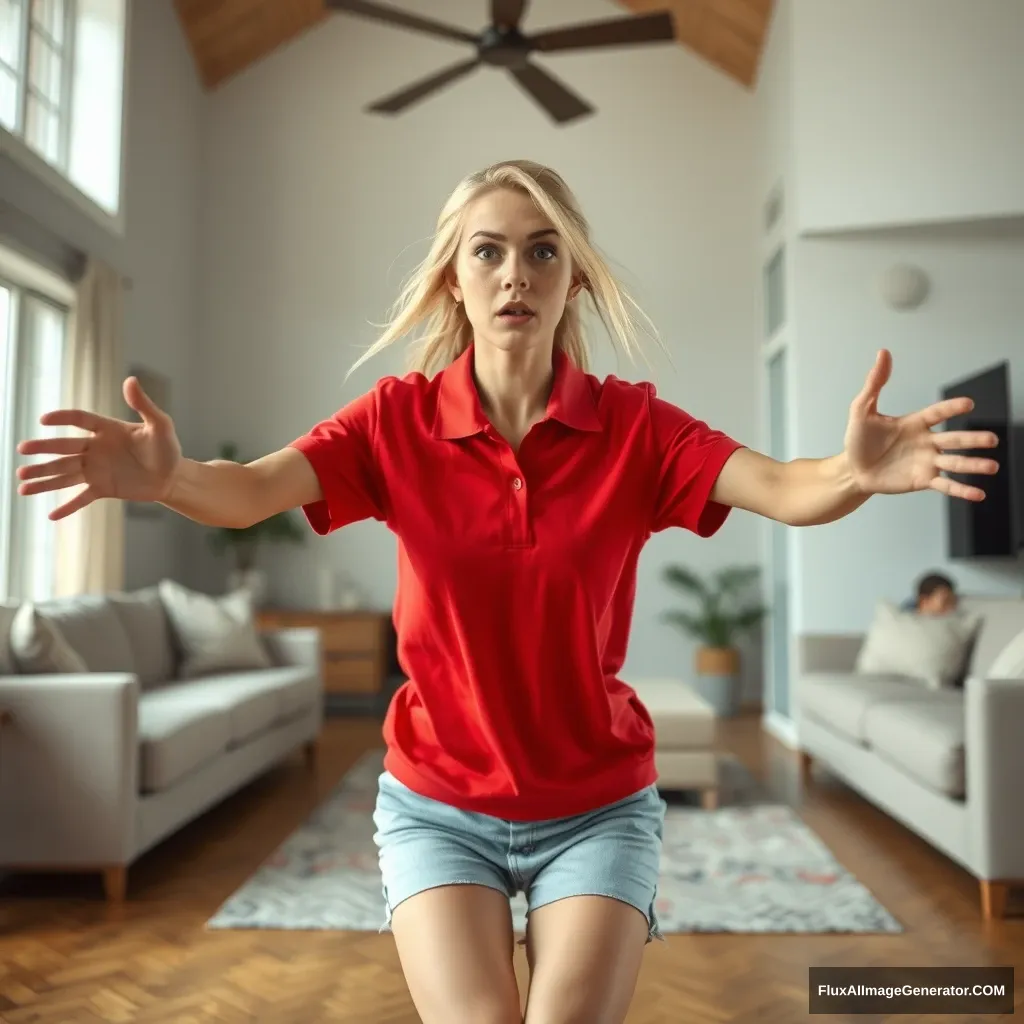 Front view of a skinny blonde woman in her early twenties standing in her large living room, wearing an oversized red polo t-shirt that is slightly off balance on one shoulder, with the bottom part untucked. She is wearing light blue denim shorts and no shoes or socks. She faces the camera with a scared expression and runs towards it with her arms straight down, preparing to jump.