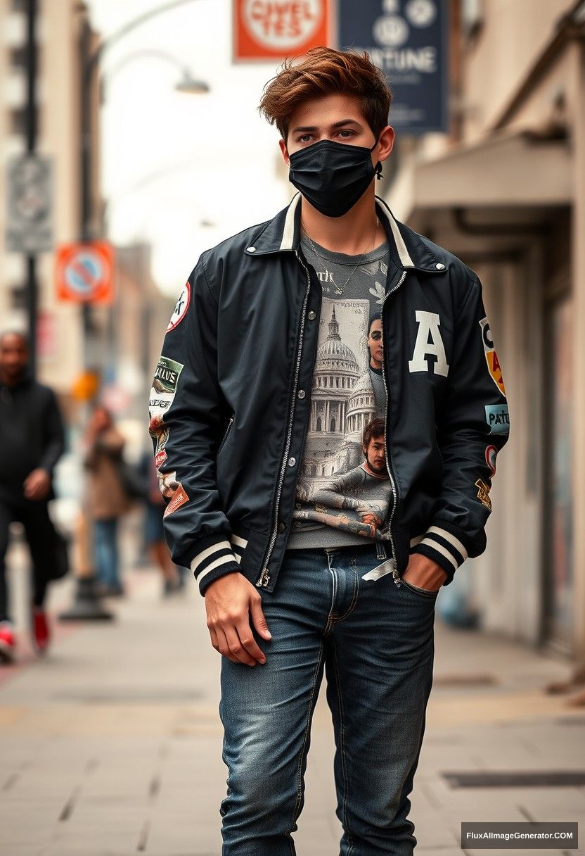 Jamie Dornan, young, black face mask, capital A collage jacket, jeans, red sneakers hyper realistic, street photography.