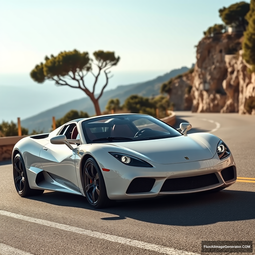 White realistic sports car, driving on the roads of Costa Smeralda, Sardinia. REALISTIC, the car should resemble a falcon a little bit, especially the headlights. - Image