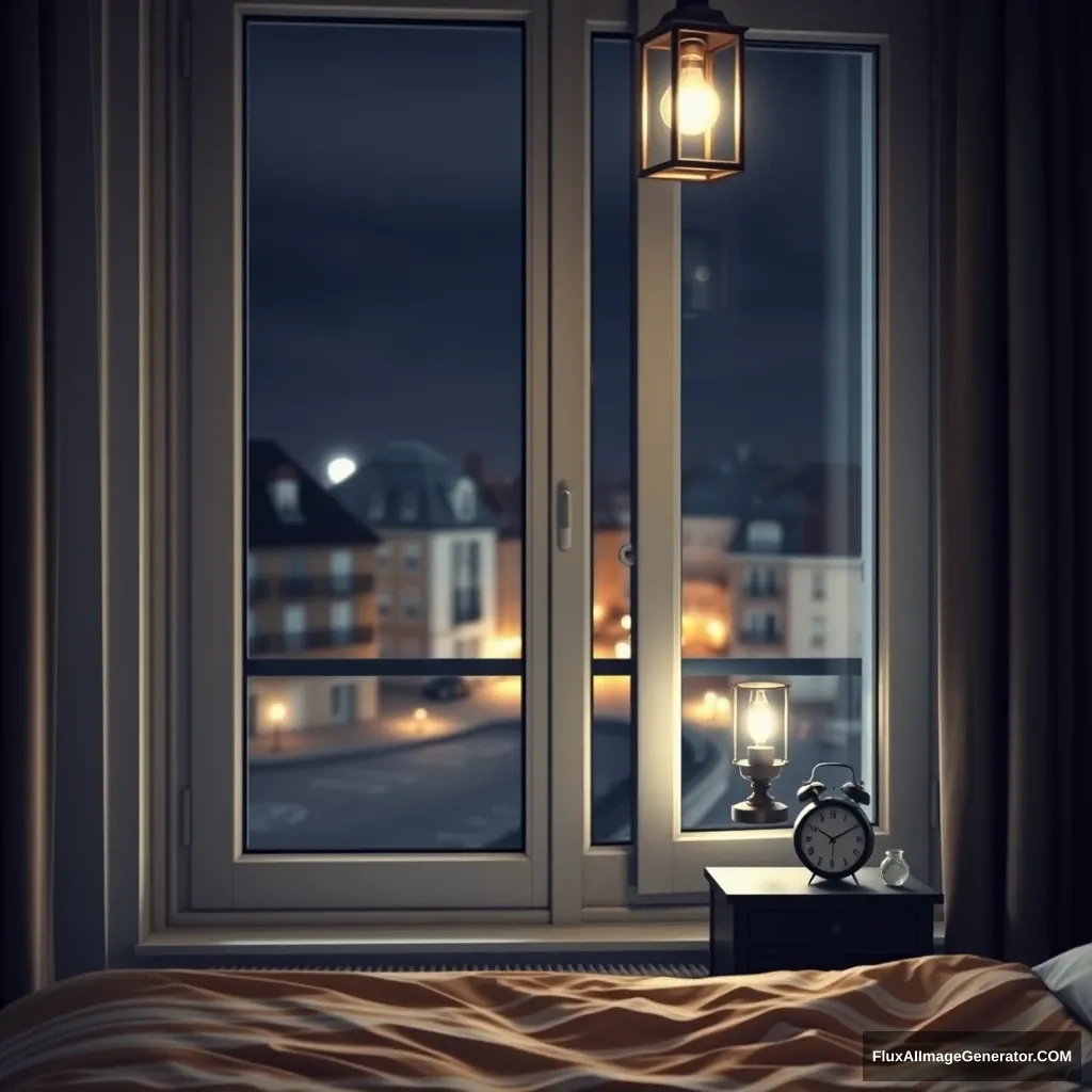 Glass window, bedroom modern apartment in France, lantern lighting, night scenery, 2:00 AM on a small clock at a small desk behind the bed, hyper-realistic, photorealistic.