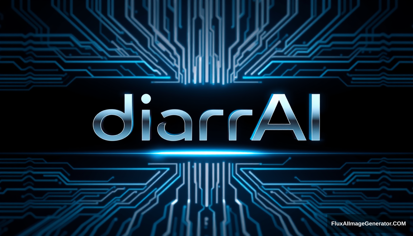 Logo design for 'diarrAI' text, representing a high-tech AI solutions company. Futuristic and advanced, minimalistic and linear style. Incorporate elements from computer circuits and digital interfaces, with sleek geometric shapes and sharp lines. Use modern, elongated sans-serif font. Metallic or neon accents, with subtle circuit-like patterns. Color palette: silver, deep blue, black, with hints of neon. The logo should feel like it's from 3000 years in the future. Unreal Engine.