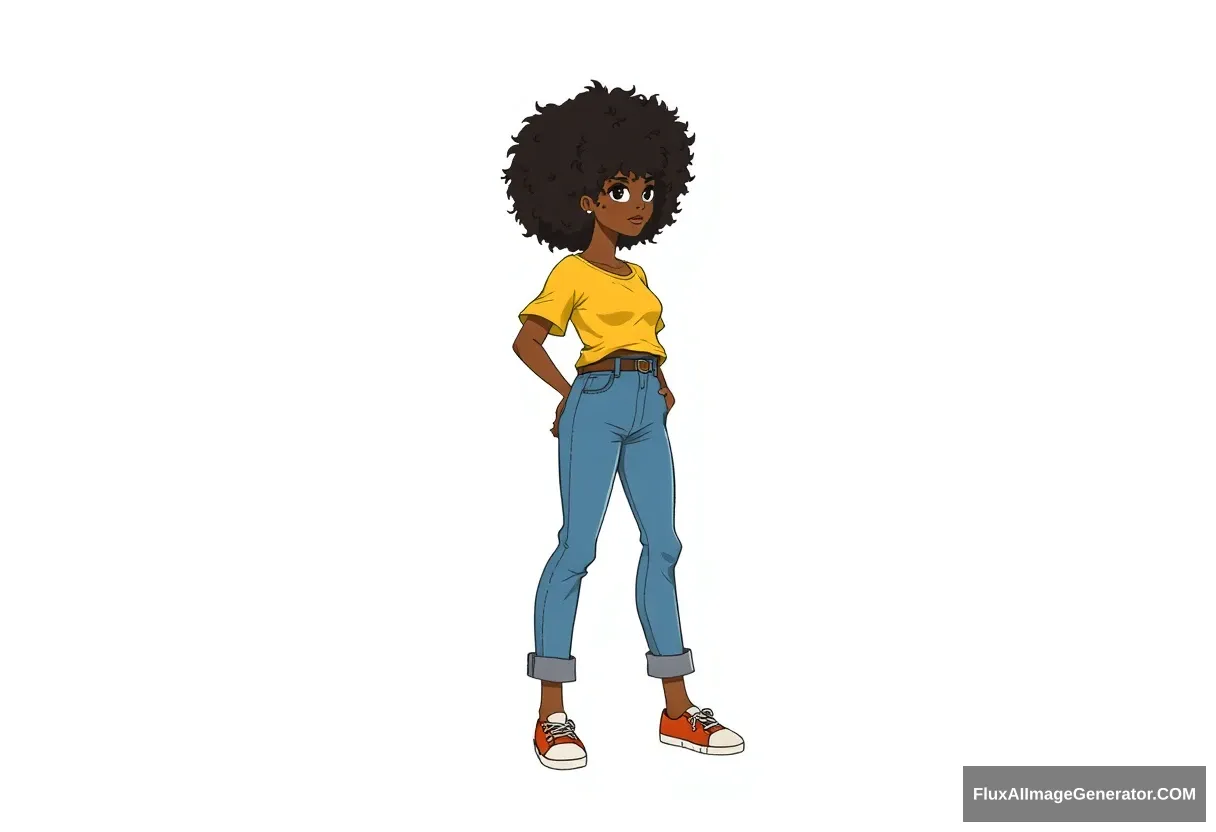 profile character sheet, girl in yellow shirt with jeans, afro hair covering eyes,