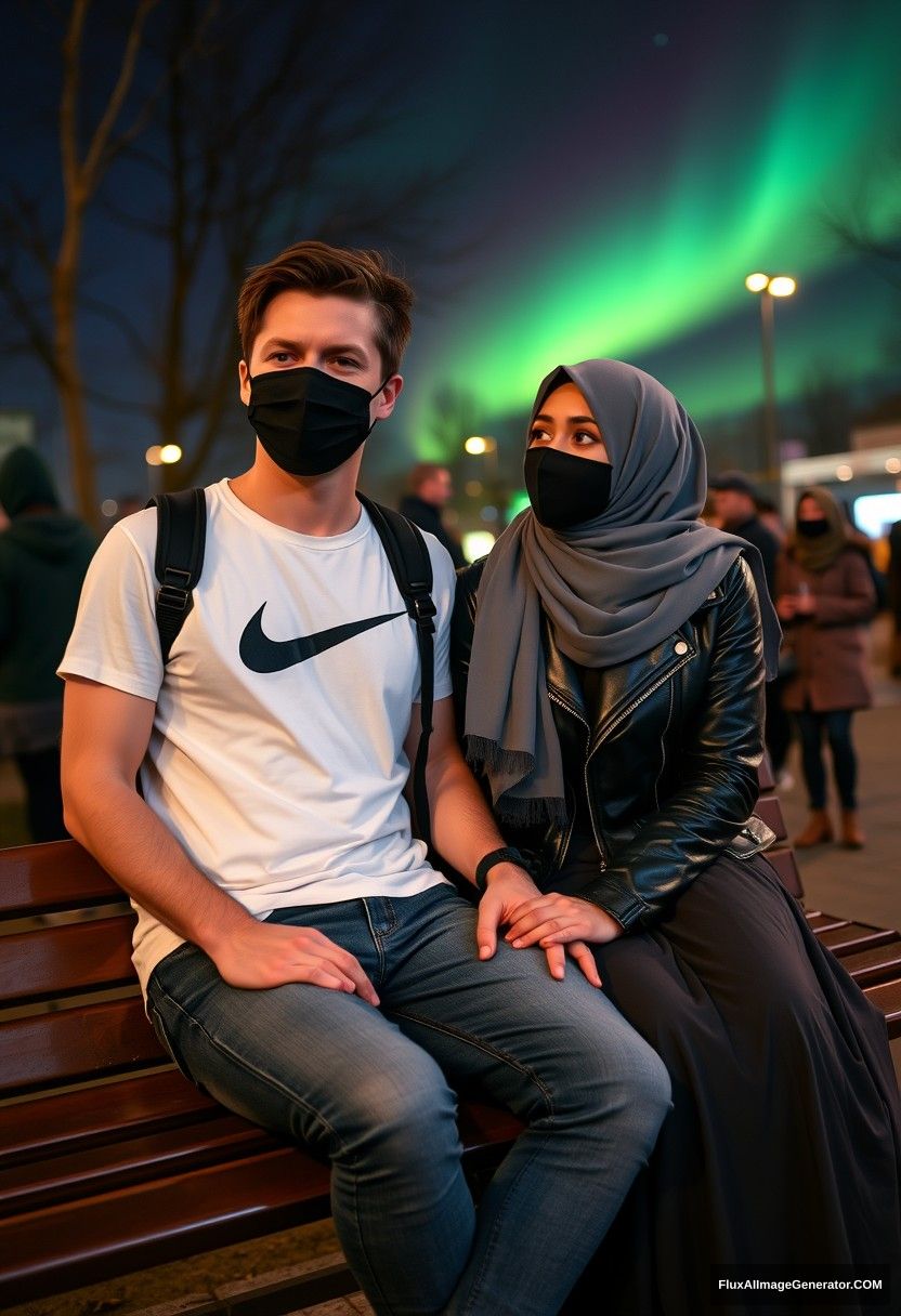 Jamie Dornan, tall, young, wearing a black face mask, a white Nike T-shirt, and jeans, is dating a beautiful Muslim girl in a grey hijab with lovely eyes, also wearing a black face mask, a leather jacket, and a very long and wide skirt. She is not a tall girl. They are sitting together on a park bench, talking to each other in town, with strangers in the background. The scene is photorealistic, resembling street photography and selfies, set against a night backdrop featuring the aurora borealis. - Image