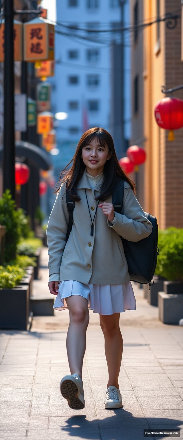 "A female high school student on her way home from school in the evening, Chinese." - Image