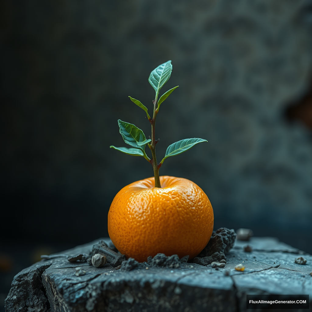 A shoot sprang from a small orange, penetrating the decaying and crumbling court scale. - Image