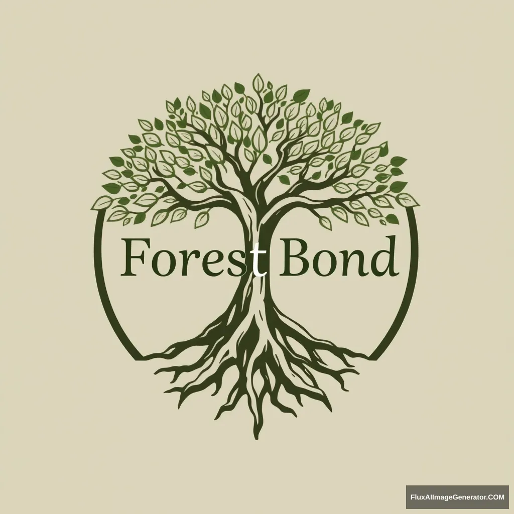 It's a logo for an app called forestbond. It's a tree in the shape of a woman spreading its branches with a lot of leaves. It gives the impression of deep and solid roots. Draw it in a reverent way and write the words Forest Bond in the drawing arc. The feeling should be serious. Don't overlap the drawing and the text. - Image