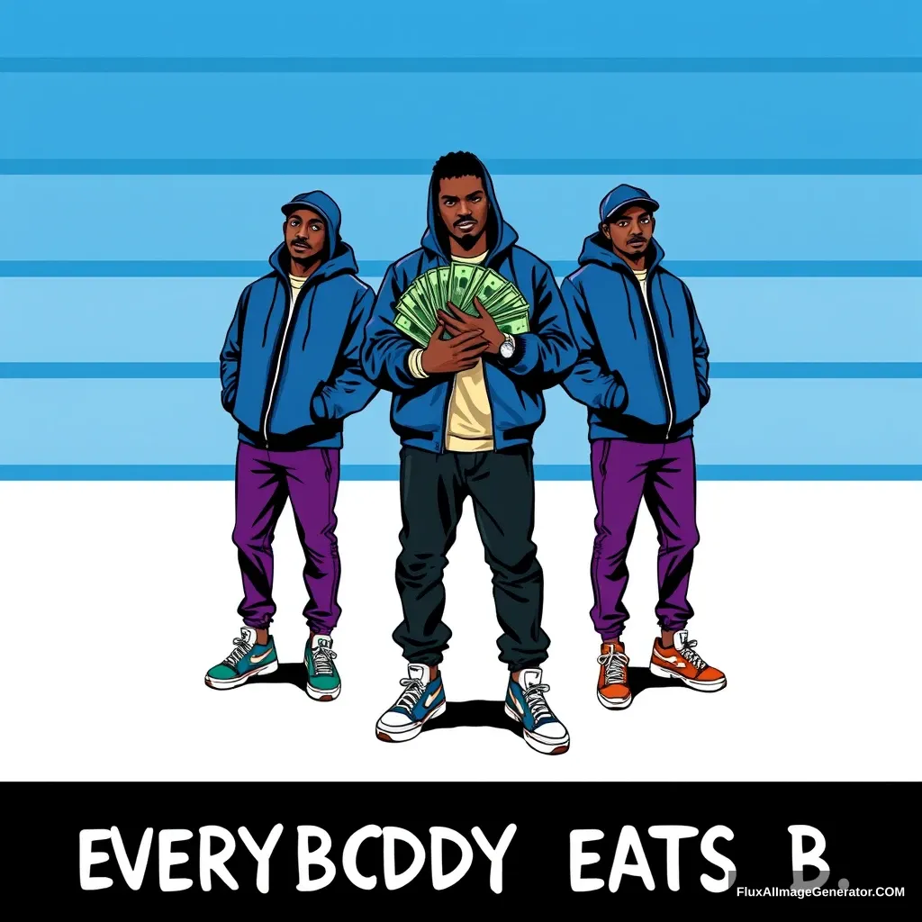 The central figure is holding a stack of green bills, while all three are wearing sneakers and have a modern, urban style of dress. The two figures on the sides are wearing blue jackets and purple pants. A series of horizontal blue stripes serves as the backdrop, and there’s text at the bottom written in white capital letters against a black background: “EVERYBODY EATS B.” - Image