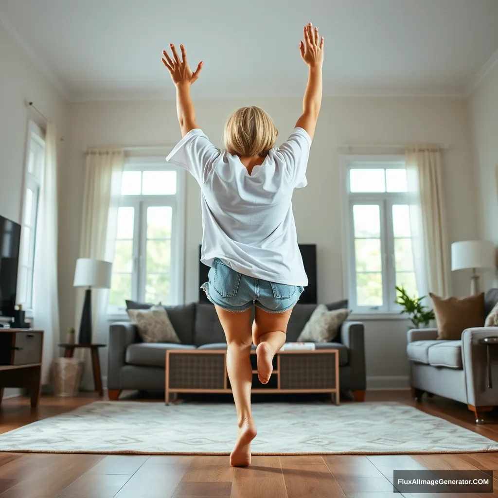 A side angle of a slim blonde woman in her large living room, wearing an excessively oversized white t-shirt that is unbalanced on one sleeve, and baggy light blue denim shorts that are not rolled up. She is barefoot, facing her TV, and dives headfirst into it with both arms raised below her head and her legs lifted high in the air, positioned at a 60-degree angle.