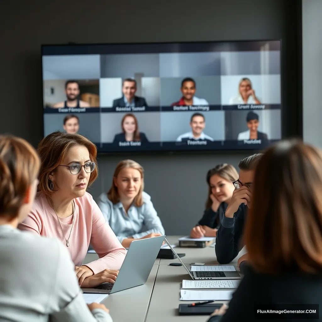 Microsoft online teams meeting for "Atos" presented by a white woman with brown bobbed hair, in her fifties. People online looking upset. - Image