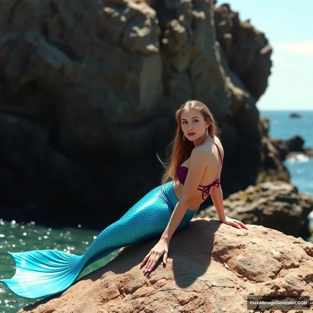 A mermaid sitting on a rock, professional photo, sunny day