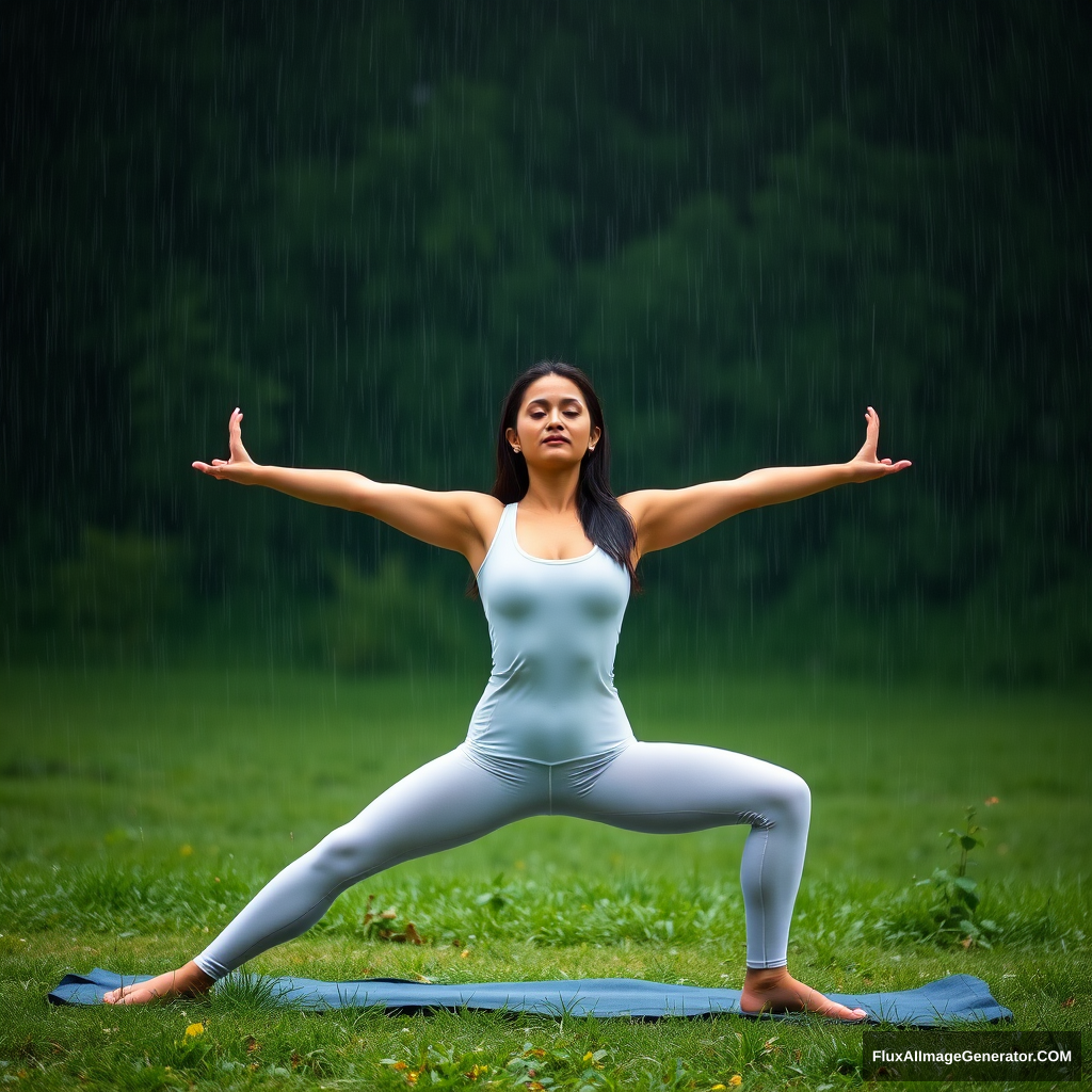 Woman doing yoga in goddess position under rain. Wearing a white pantyhose.