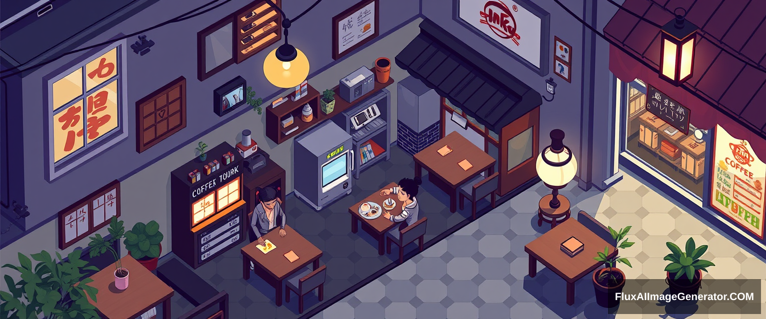 Top-down pixel art isometric coffee shop stylized style with yokai clients and midnight theme.