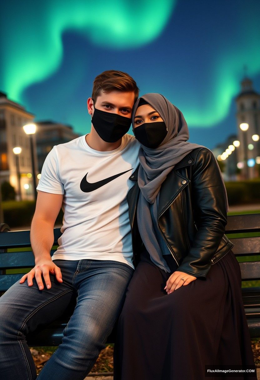 Jamie Dornan, tall, young, black face mask, white Nike T-shirt, jeans,

dating romantically with a grey hijab-wearing Muslim girl, beautiful eyes, black face mask, leather jacket, very long and big skirt, not a tall girl,

sitting together on a park bench in town, photorealistic, street photography, selfie photos, night scenery, aurora borealis. - Image