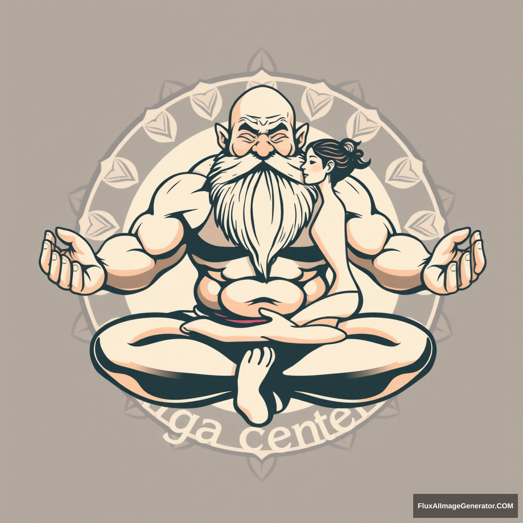 Yoga Center logo: a muscular large bald dwarf in the lotus position flirting with a woman - Image